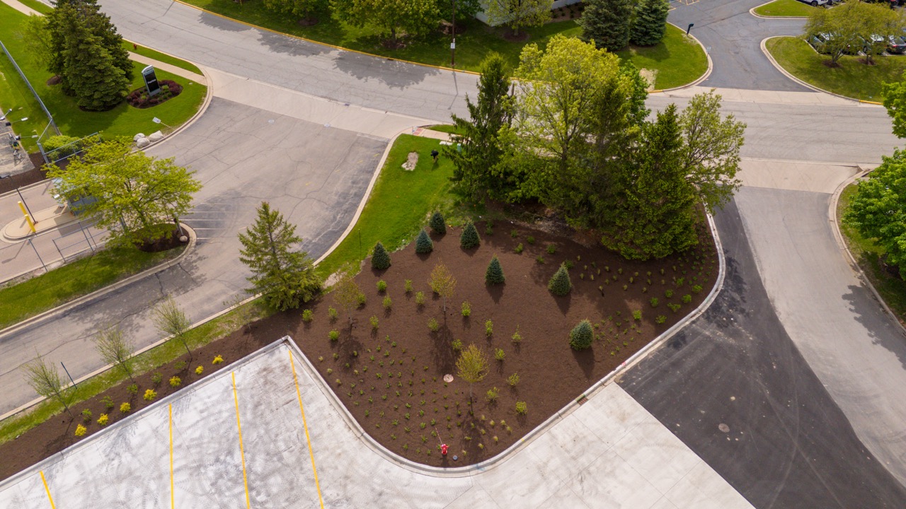 Commercial landscaping and grounds care by A.M. Woodland at a Chicagoland commercial property